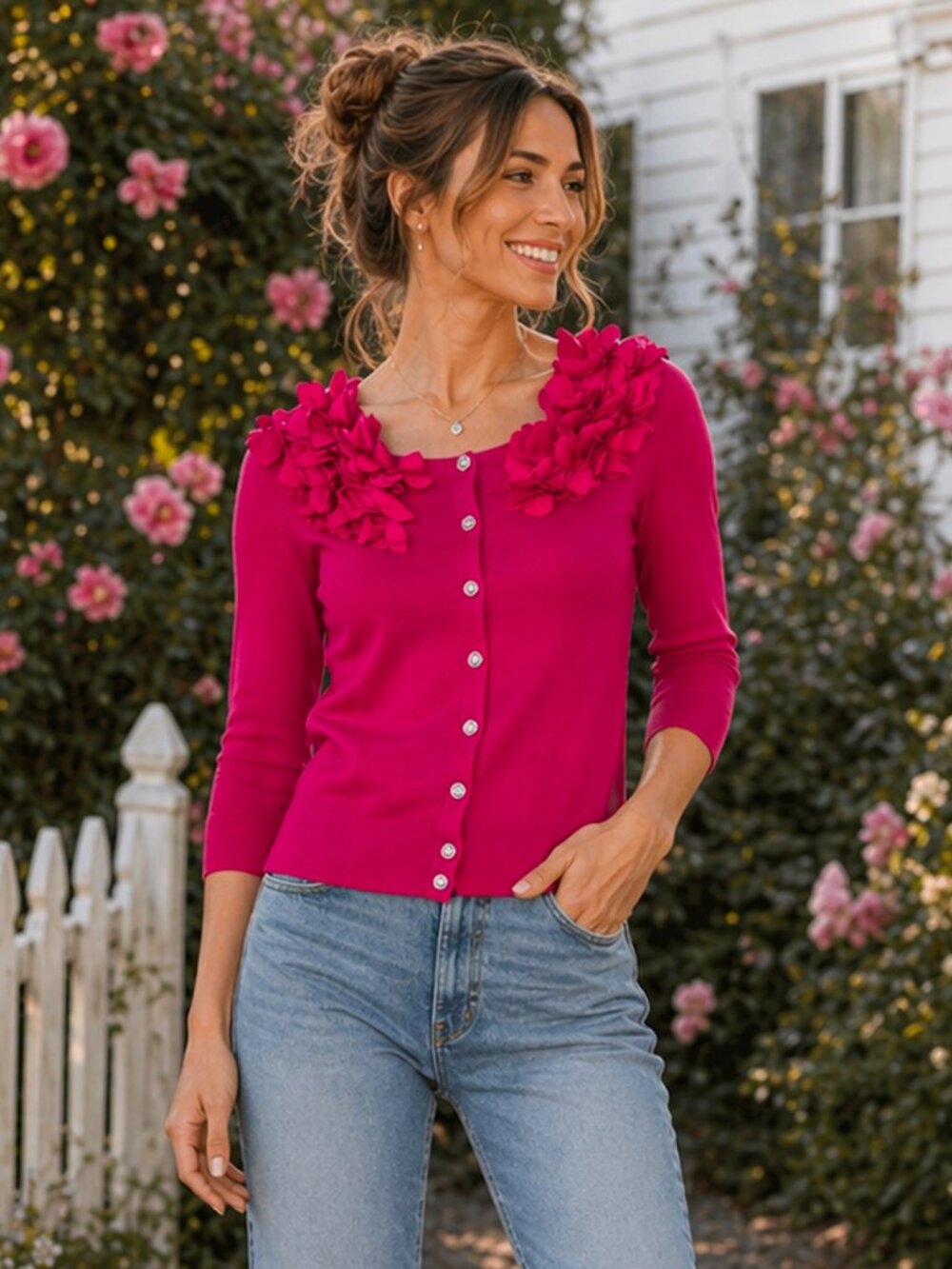 Cable & Gauge Fuchsia Petal Collar 3/4 Sleeve Cardigan Sweater Small